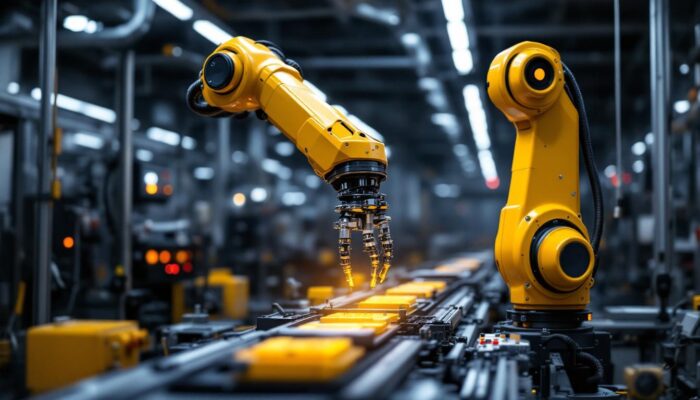 A photograph of a sleek industrial robotic arm in action within a modern manufacturing environment