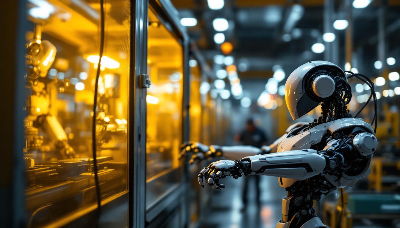 A photograph of a modern industrial robot in action on a factory floor