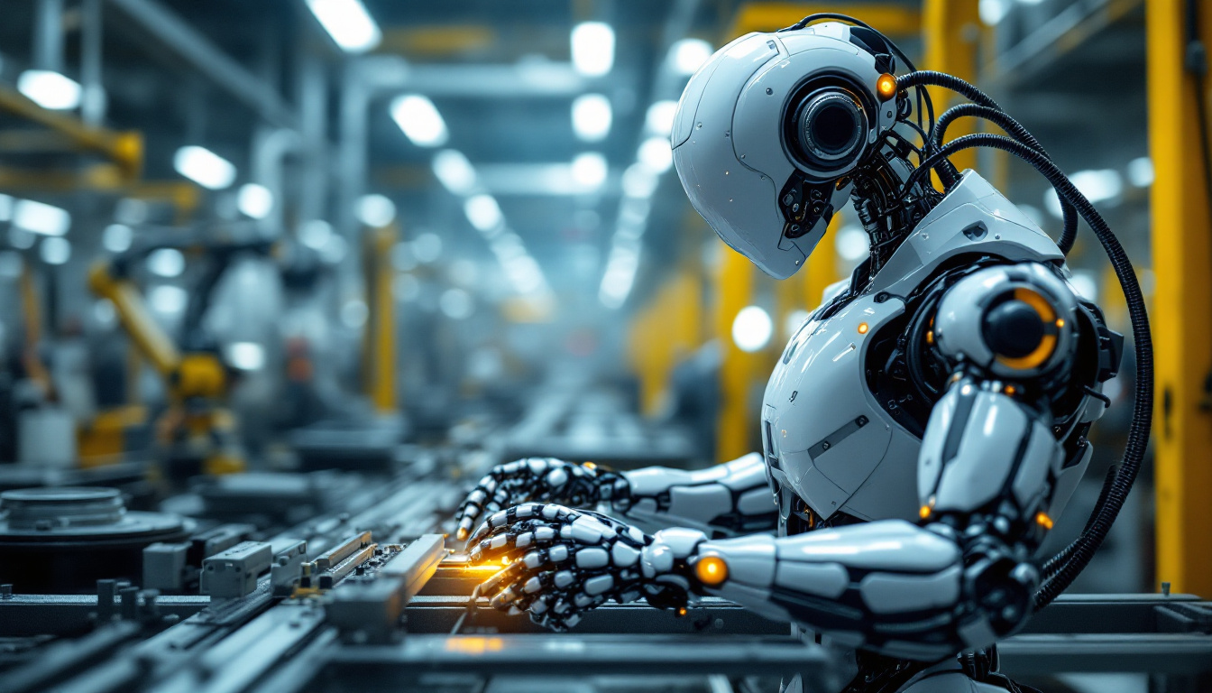 A photograph of a sleek industrial robot in action on a factory floor