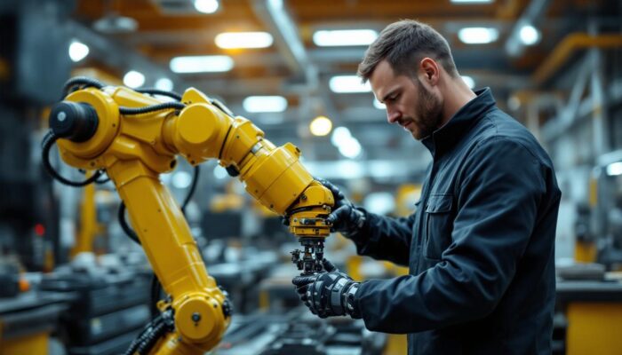 A photograph of a skilled technician interacting with an industrial robotic arm in a well-lit