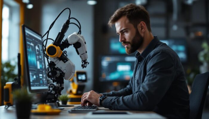A photograph of a sales engineer engaging with an advanced industrial robot in a remote work setting