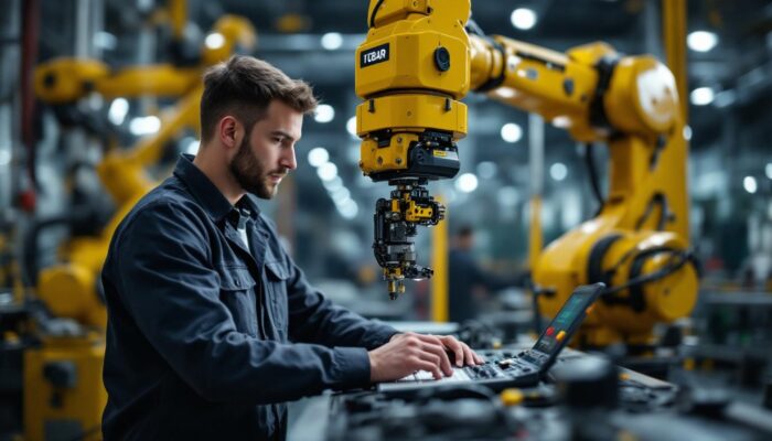 A photograph of a skilled controls engineer working intently on programming an industrial robotic arm in a modern manufacturing setting