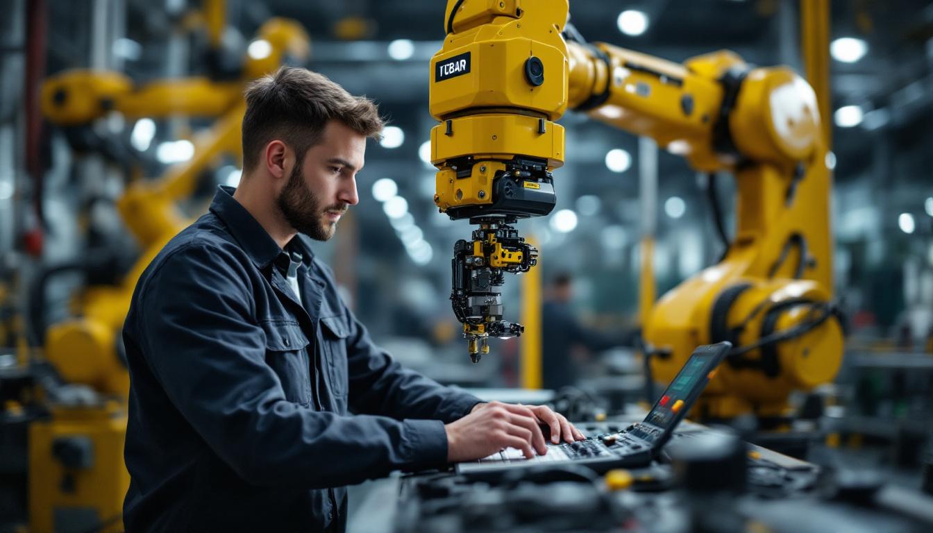 A photograph of a skilled controls engineer working intently on programming an industrial robotic arm in a modern manufacturing setting