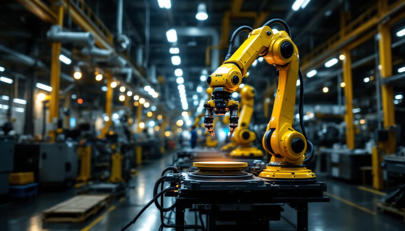 A photograph of a sleek industrial robotic arm in action within a modern boston manufacturing facility