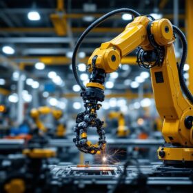 A photograph of a sleek industrial robotic arm in action