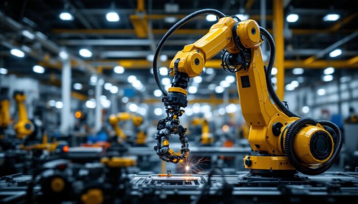 A photograph of a sleek industrial robotic arm in action