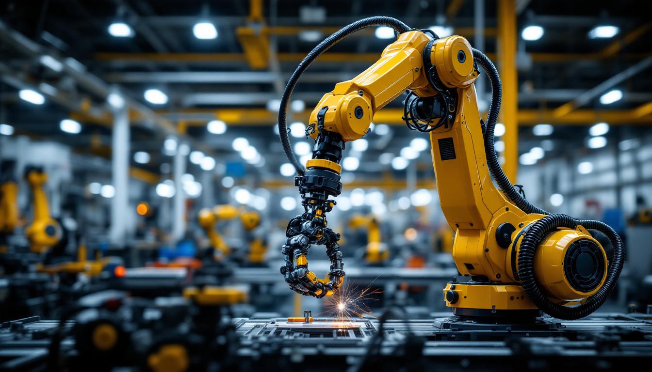A photograph of a sleek industrial robotic arm in action