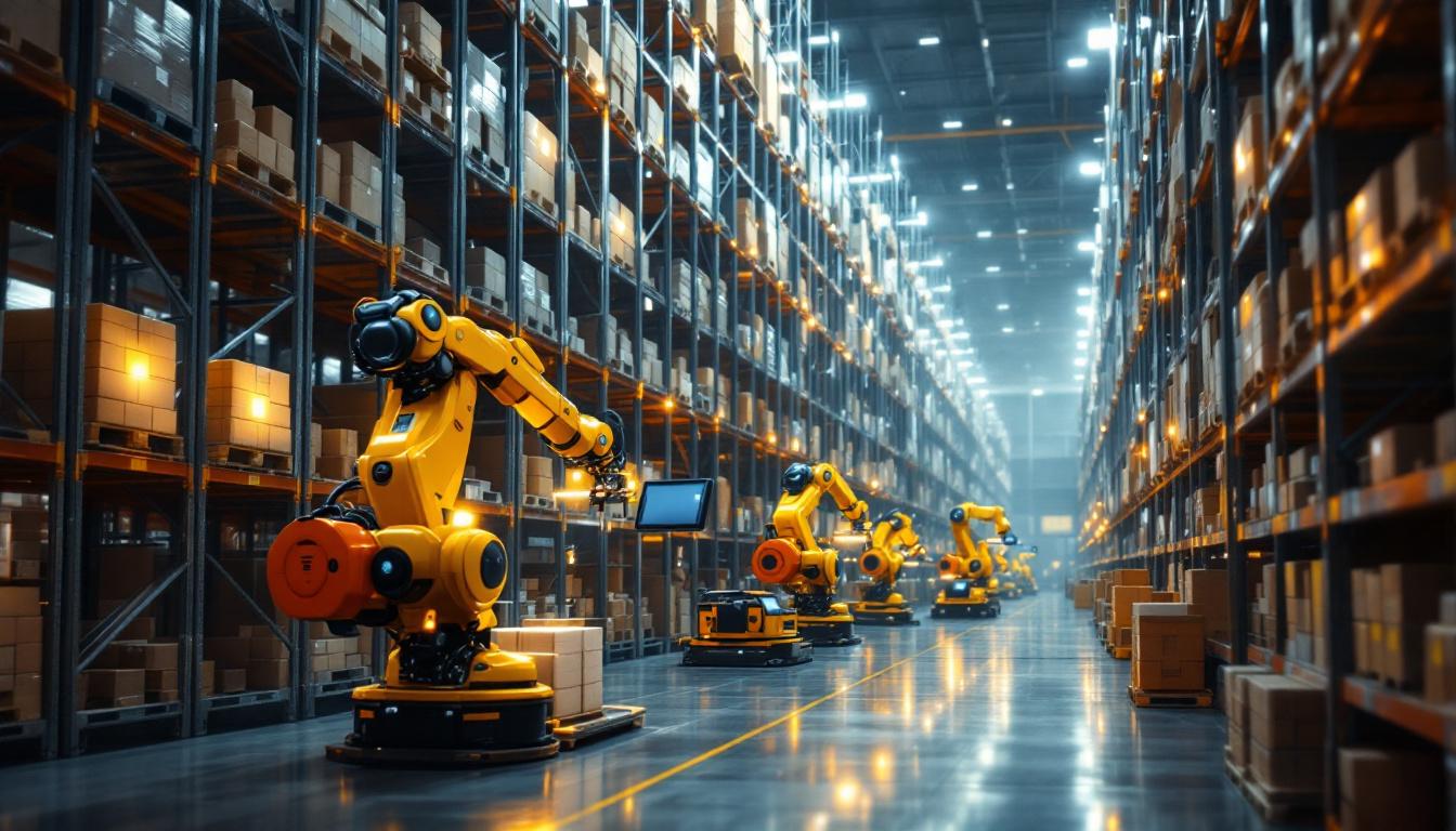 A photograph of a bustling automated warehouse environment