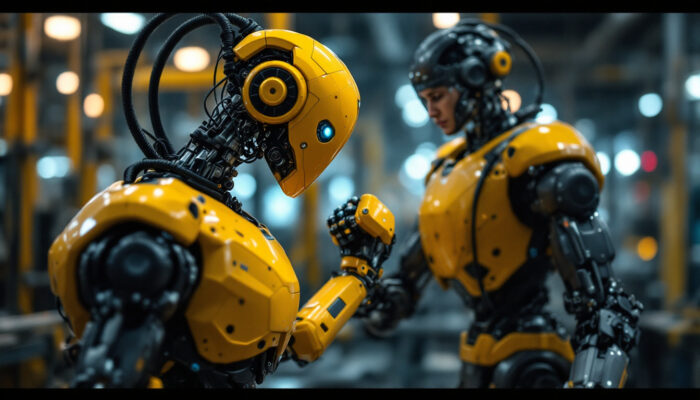 A photograph of a modern industrial robot in action within a manufacturing setting