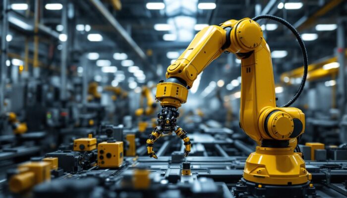 A photograph of a sleek industrial robotic arm in action within a modern manufacturing environment