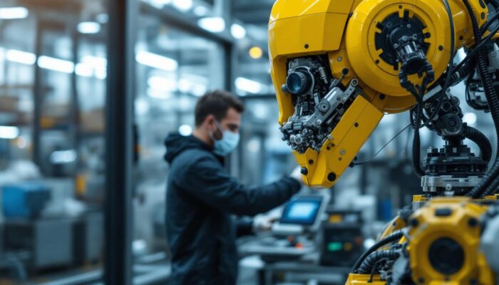 A photograph of a skilled technician programming or operating an industrial robot in a modern manufacturing environment