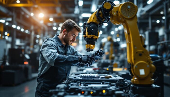 A photograph of a skilled technician working on an industrial robot in a modern manufacturing facility