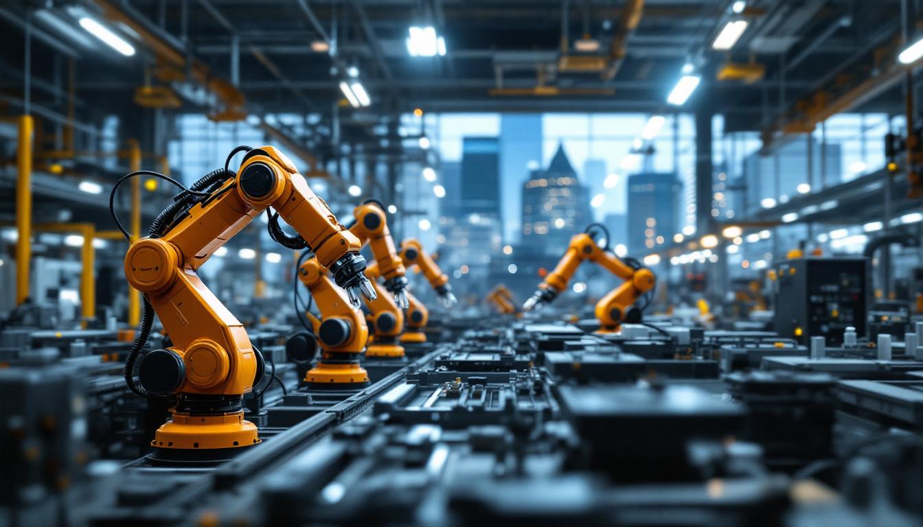 A photograph of a bustling boston manufacturing facility showcasing industrial robots in action