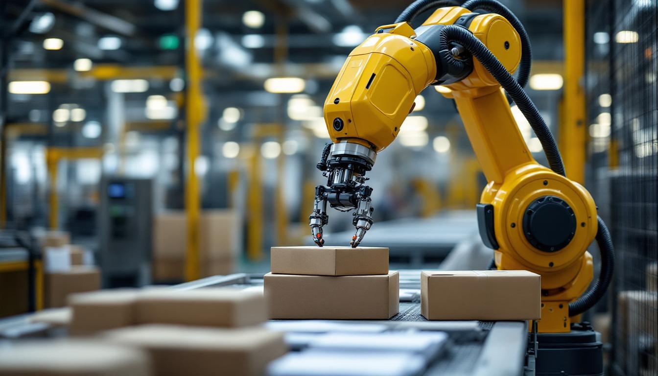 A photograph of a sleek industrial robotic arm in action at the post office galway