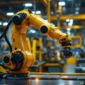 A photograph of a dynamic industrial robotic arm in action