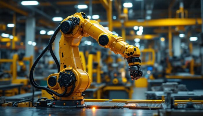 A photograph of a dynamic industrial robotic arm in action