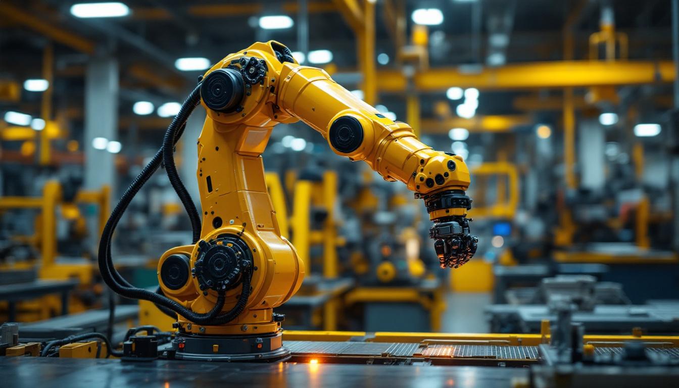 A photograph of a dynamic industrial robotic arm in action