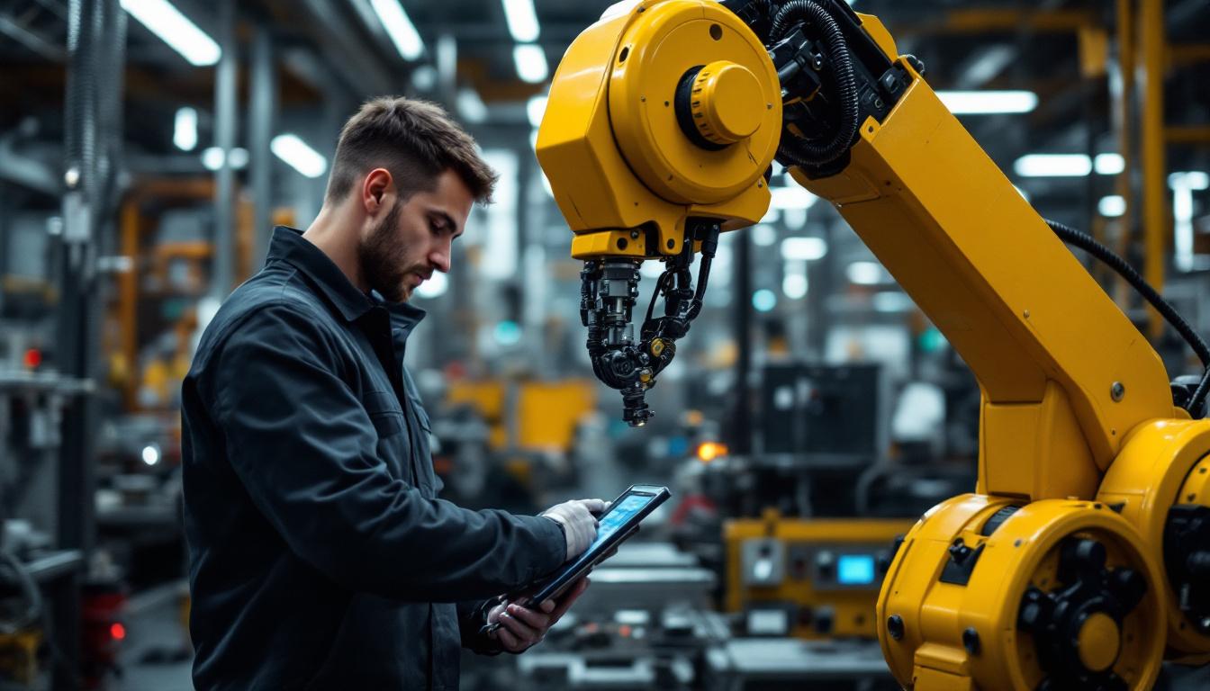A photograph of a skilled technician operating an industrial robot in a modern manufacturing environment
