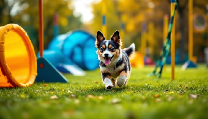 A photograph of a small dog navigating through a colorful agility course