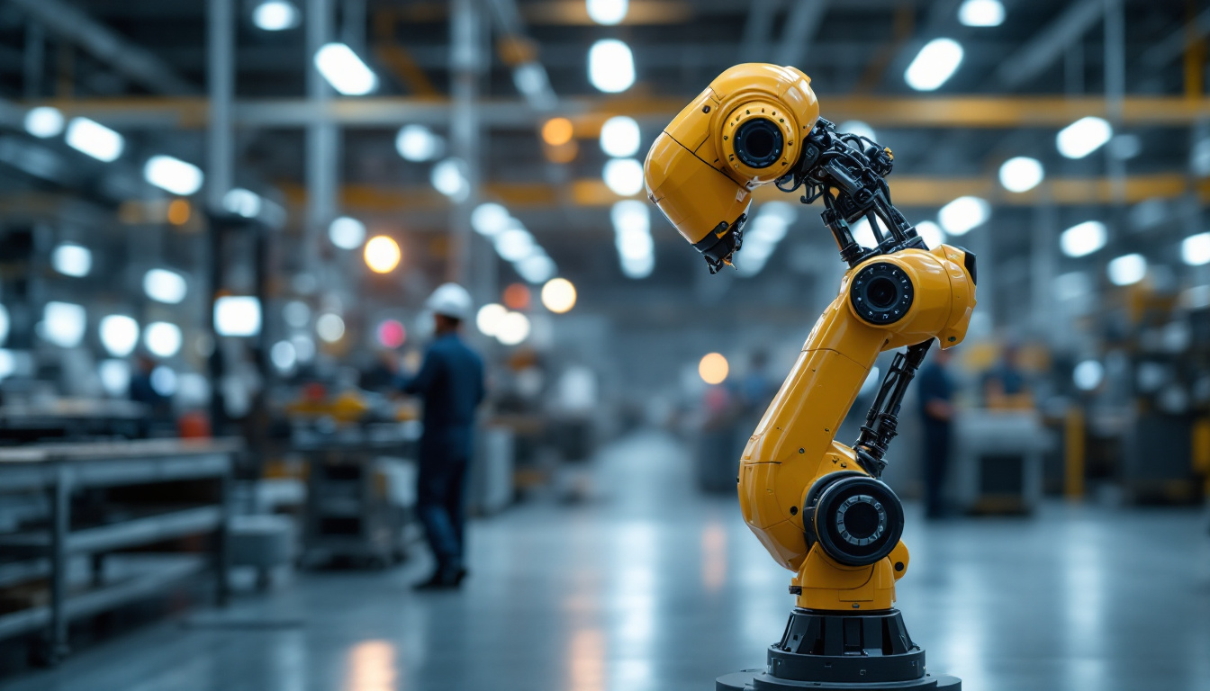 A photograph of a modern industrial robot in action on a factory floor