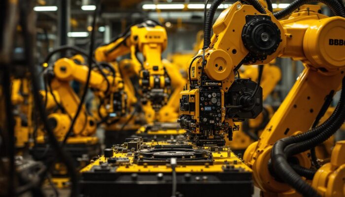 A photograph of a dynamic industrial robotics setup in action at gathering spot atlanta