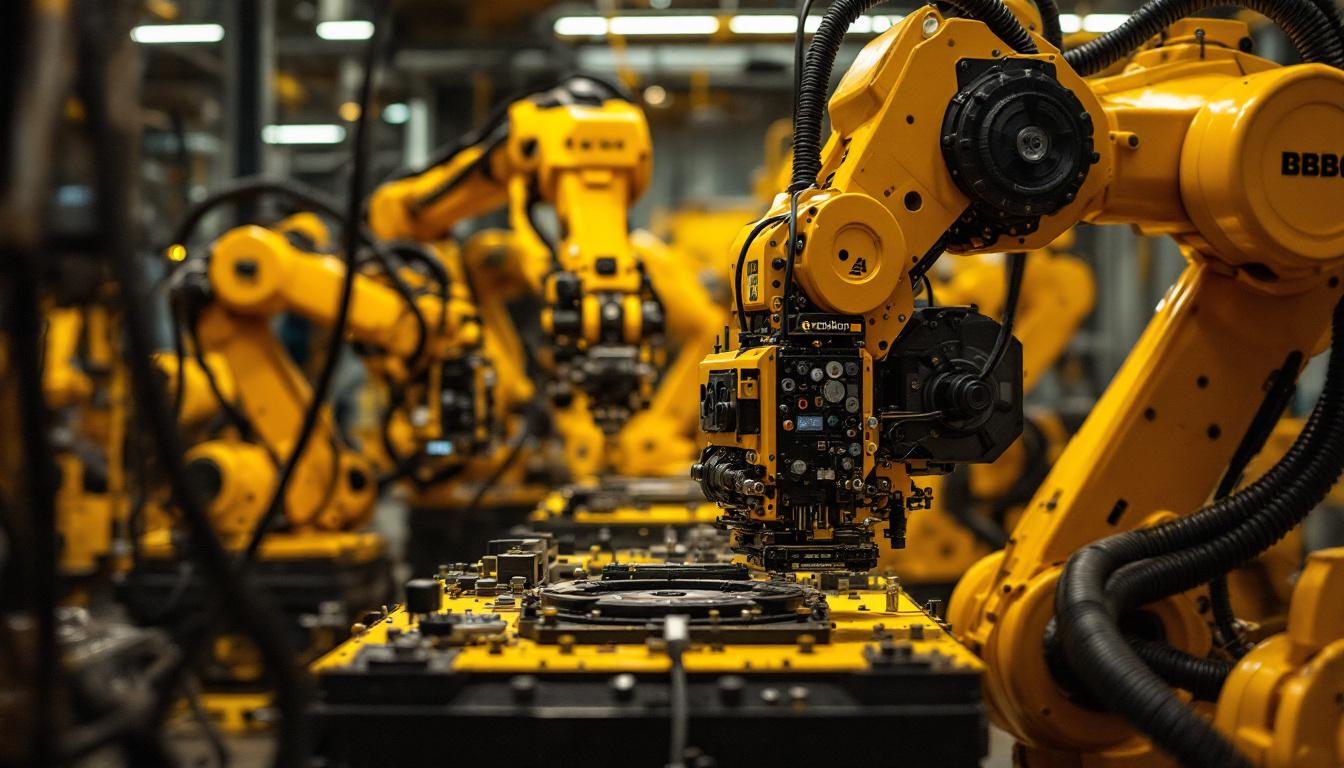 A photograph of a dynamic industrial robotics setup in action at gathering spot atlanta