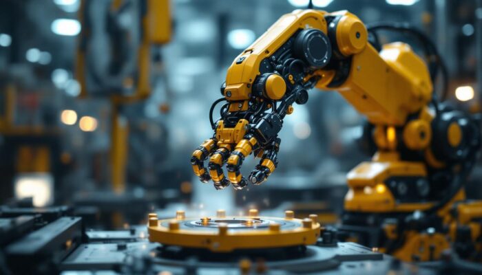 A photograph of a dynamic industrial robot in action