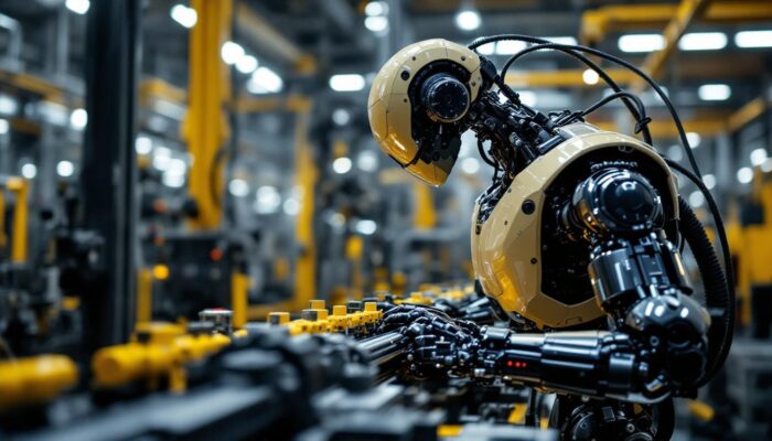 A photograph of a sleek industrial robot in action within a manufacturing environment