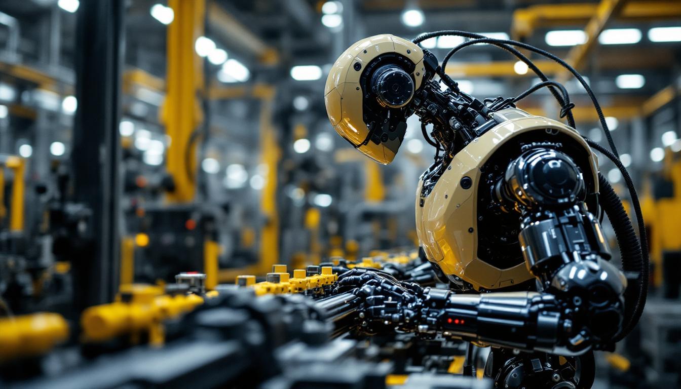 A photograph of a sleek industrial robot in action within a manufacturing environment