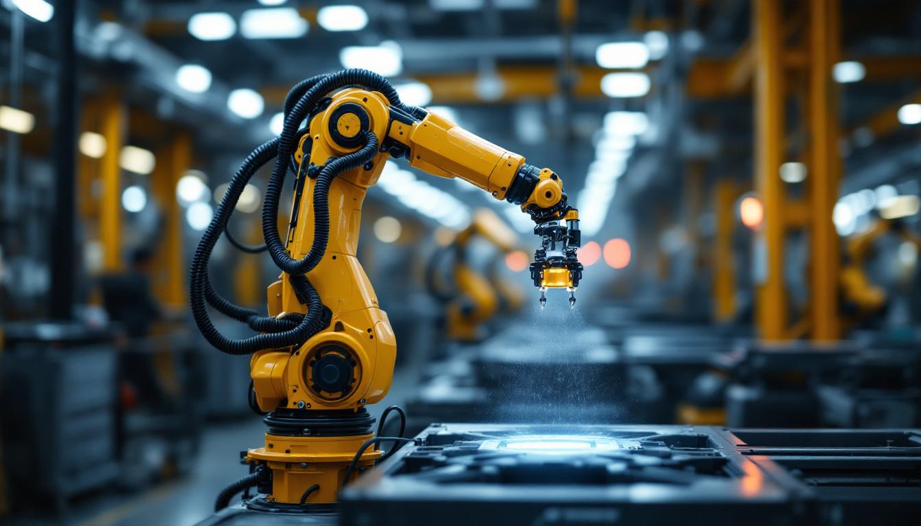 A photograph of a sleek industrial robotic arm in action