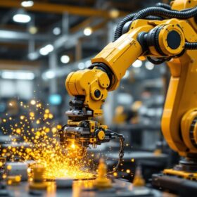 A photograph of a dynamic industrial robotic arm in action