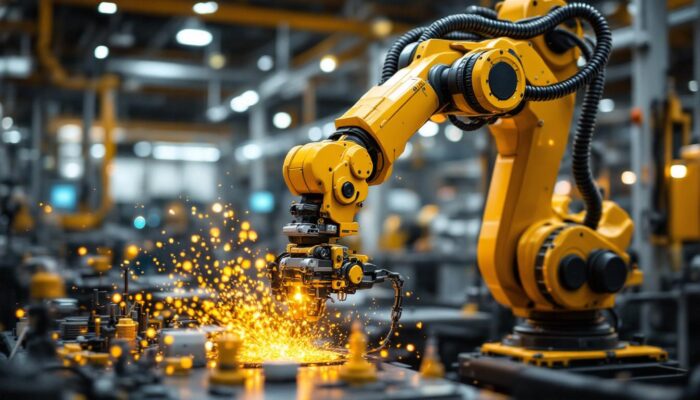 A photograph of a dynamic industrial robotic arm in action