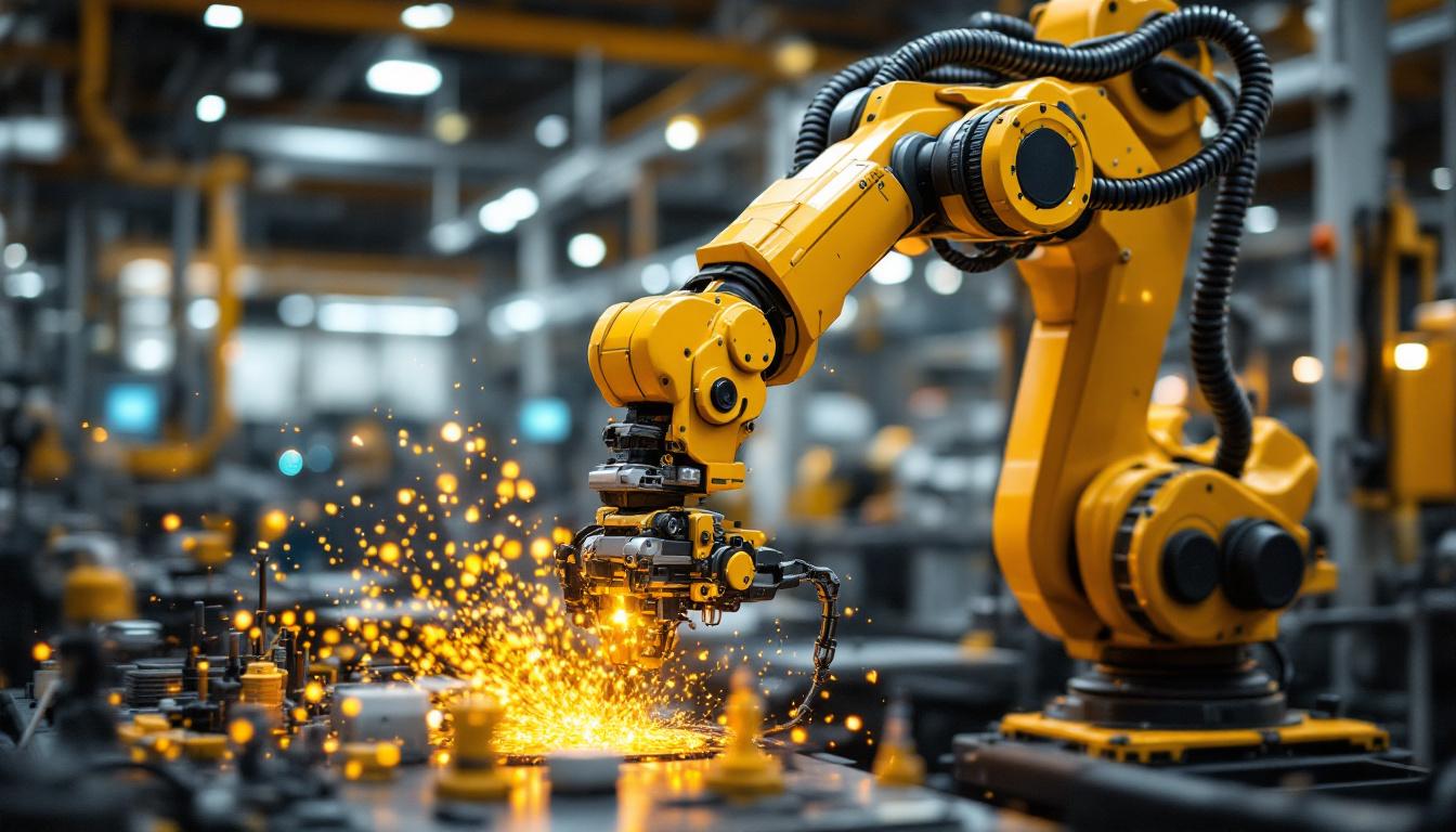 A photograph of a dynamic industrial robotic arm in action