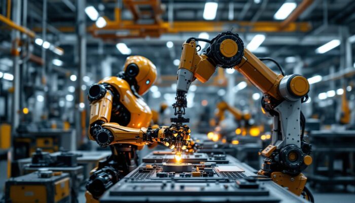 A photograph of a sleek industrial robot in action