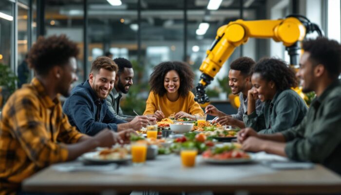 A photograph of a vibrant team lunch scene in a modern office setting