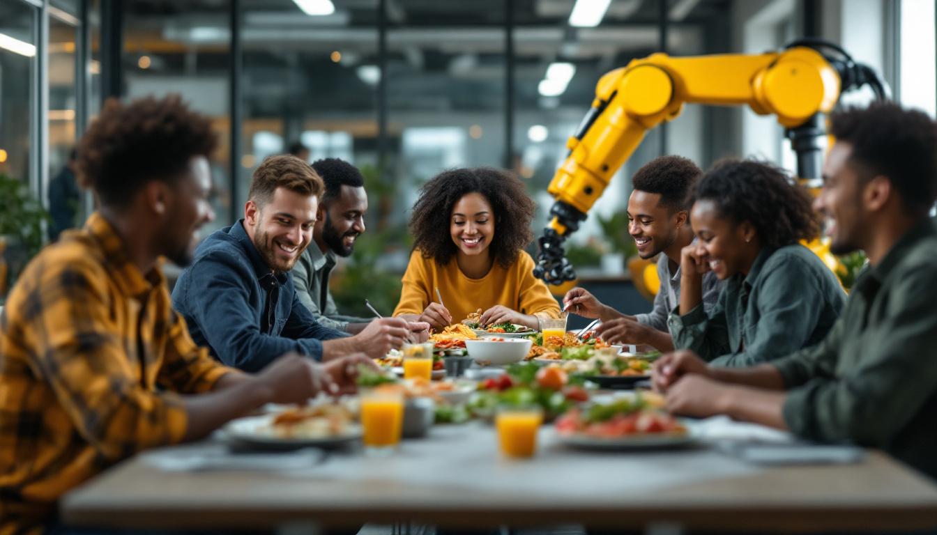 A photograph of a vibrant team lunch scene in a modern office setting
