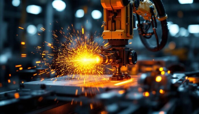 A photograph of capture a photograph of an industrial robot in action