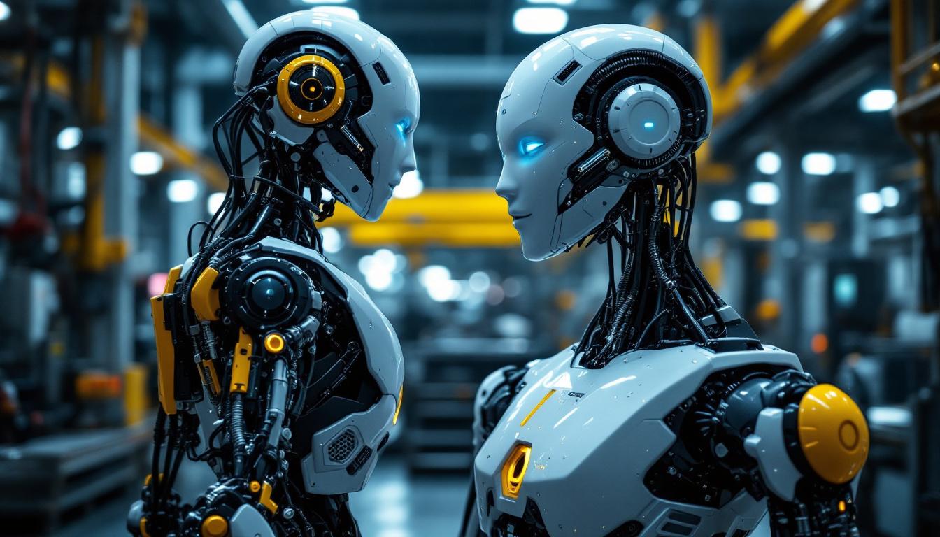 A photograph of a life-size human robot in an industrial setting