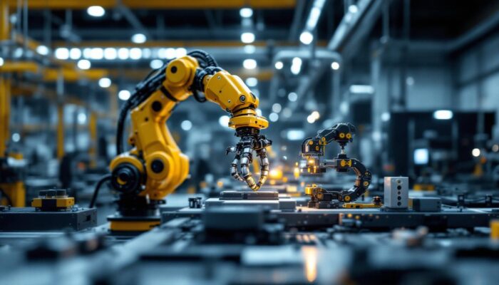 A photograph of a sleek industrial robotic arm in action within a modern manufacturing setting