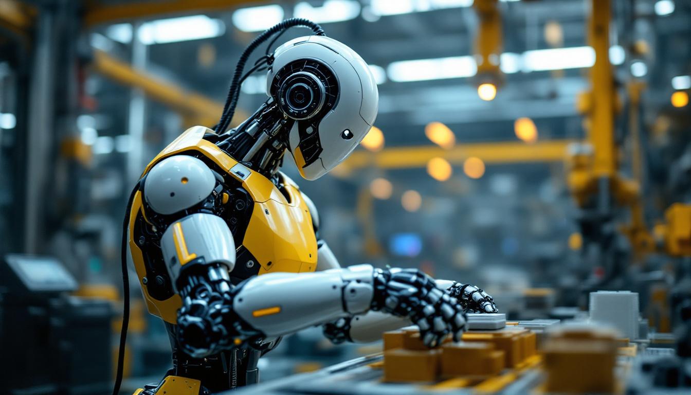 A photograph of a sleek industrial robot in action within a modern manufacturing environment