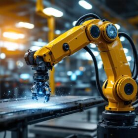 A photograph of a sleek industrial robotic arm in action within a modern manufacturing environment