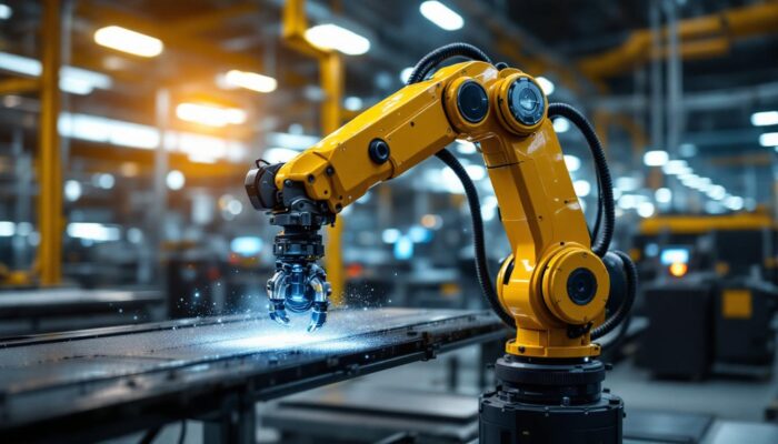 A photograph of a sleek industrial robotic arm in action within a modern manufacturing environment