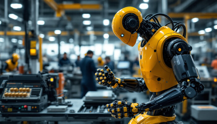 A photograph of a modern industrial robot in action within a manufacturing setting