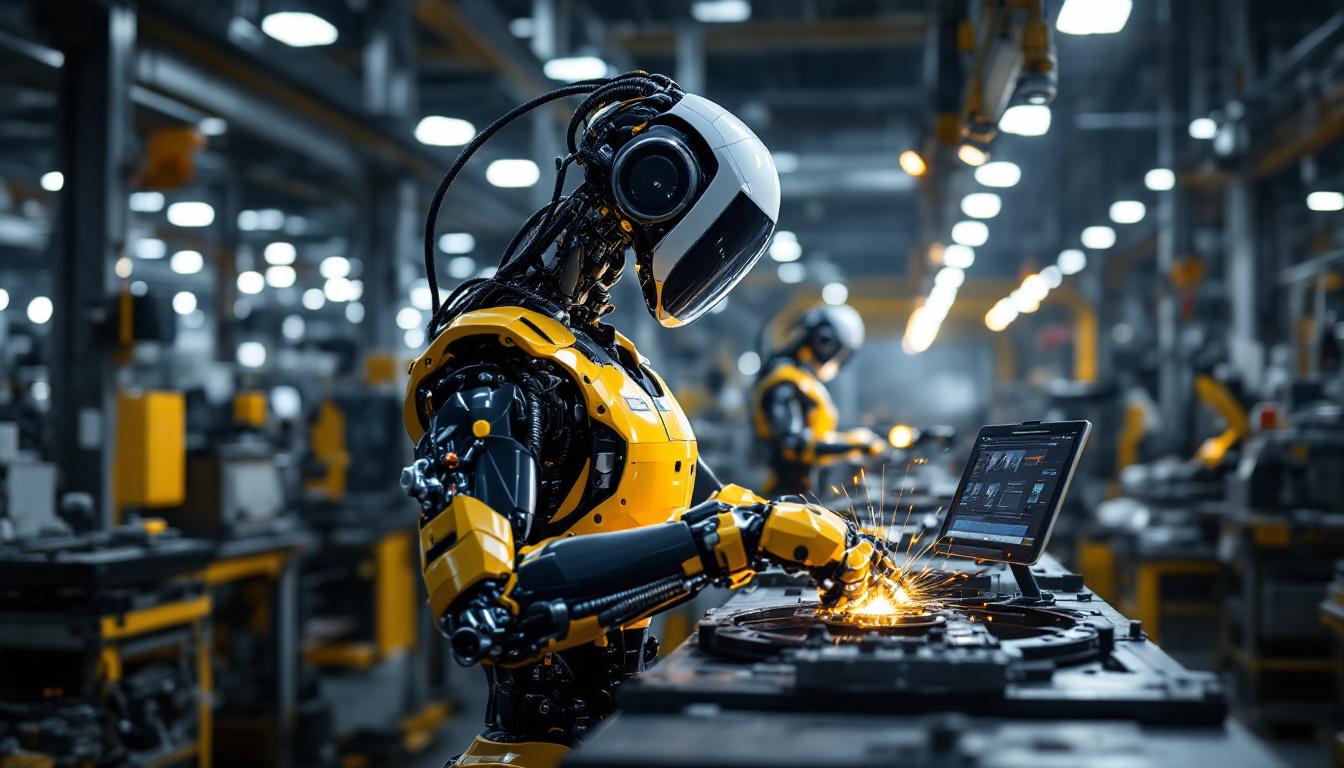 A photograph of a modern industrial robot in action within a manufacturing setting