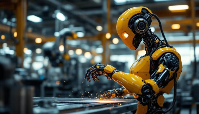 A photograph of a sleek industrial robot in action