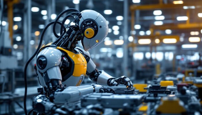 A photograph of a sleek industrial robot in action on a factory floor