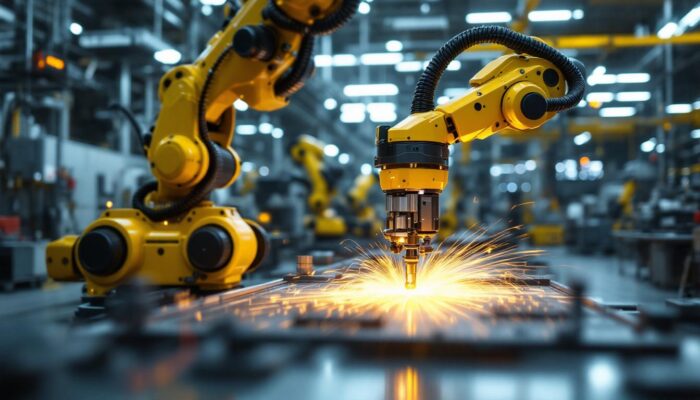 A photograph of a dynamic industrial robotics setup in action