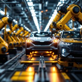 A photograph of a dynamic industrial robotics assembly line featuring kia and hyundai vehicles
