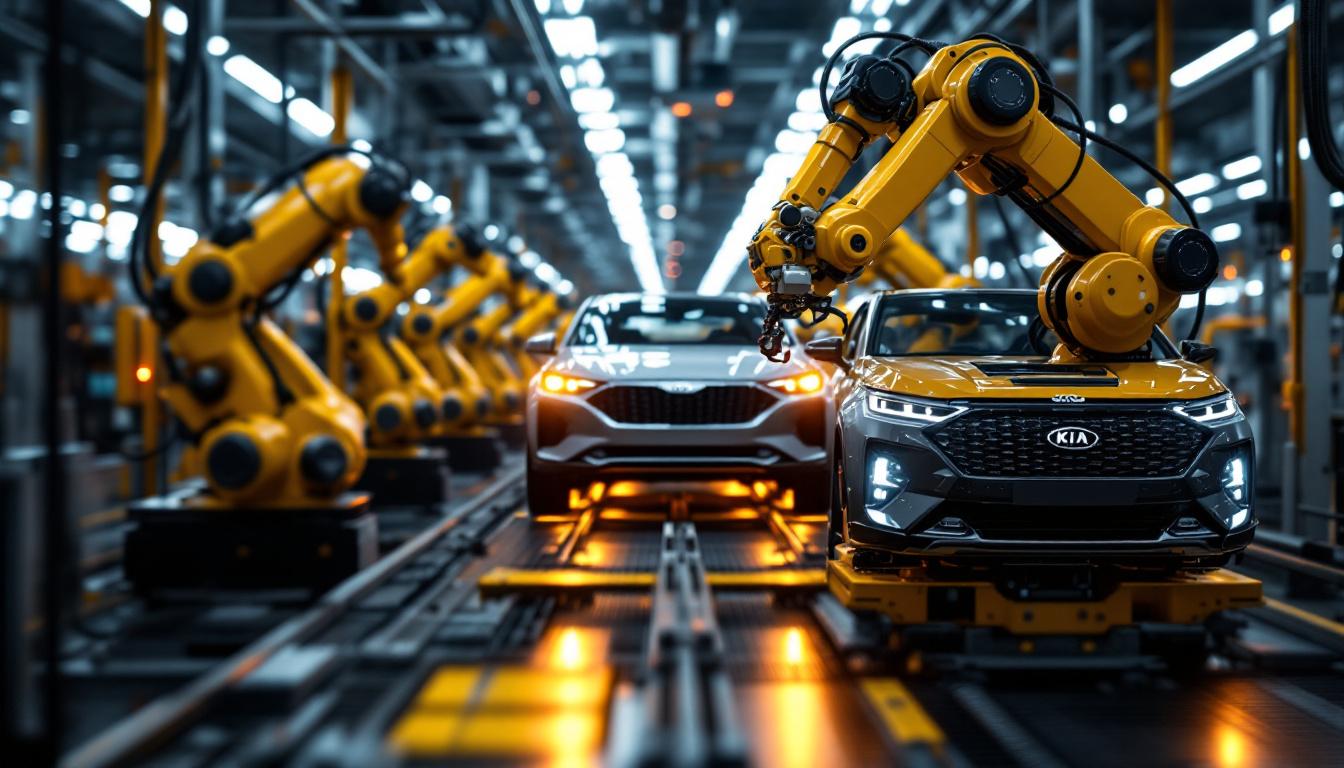 A photograph of a dynamic industrial robotics assembly line featuring kia and hyundai vehicles