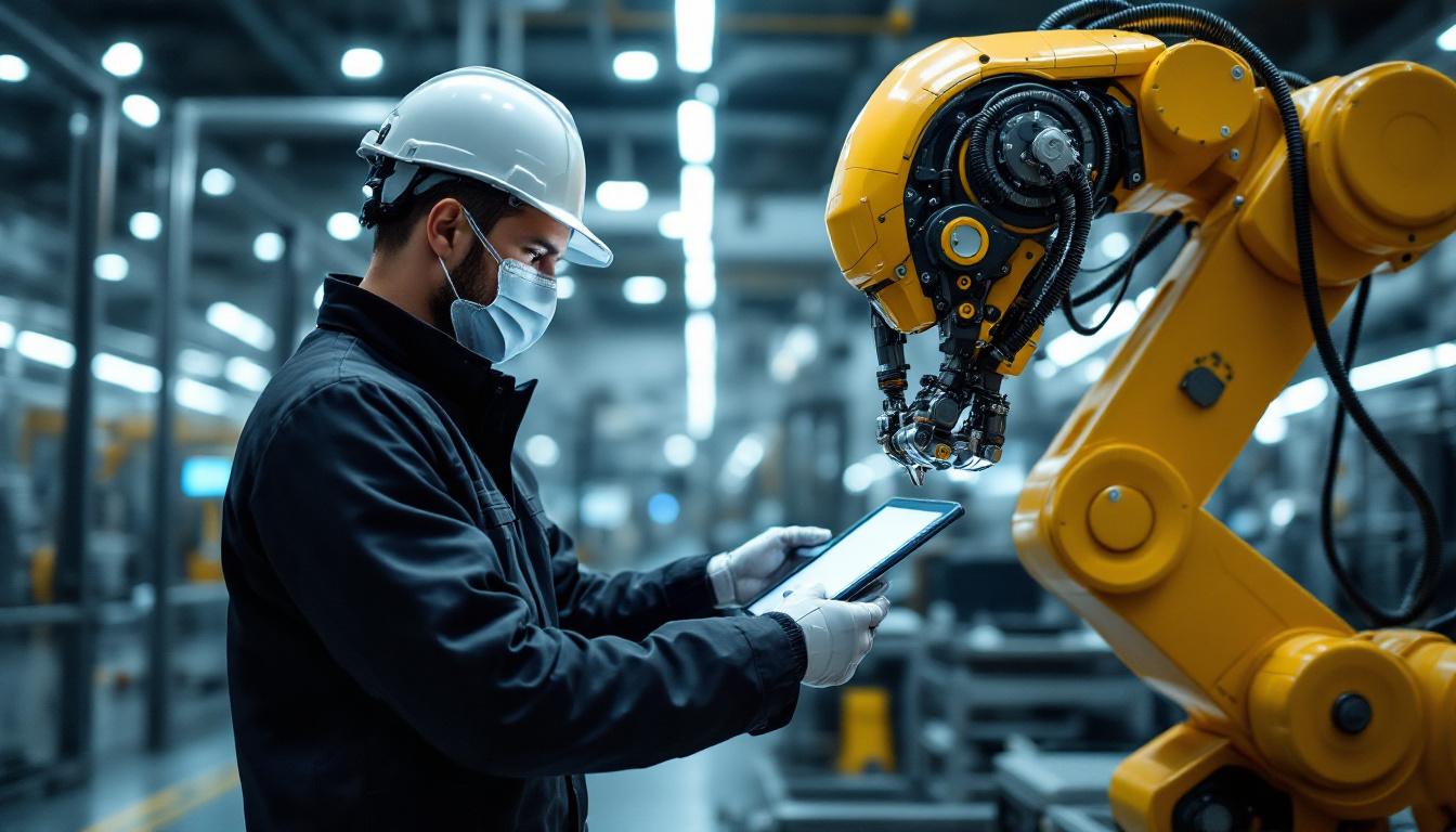 A photograph of a skilled technician interacting with an industrial robot in a modern manufacturing environment